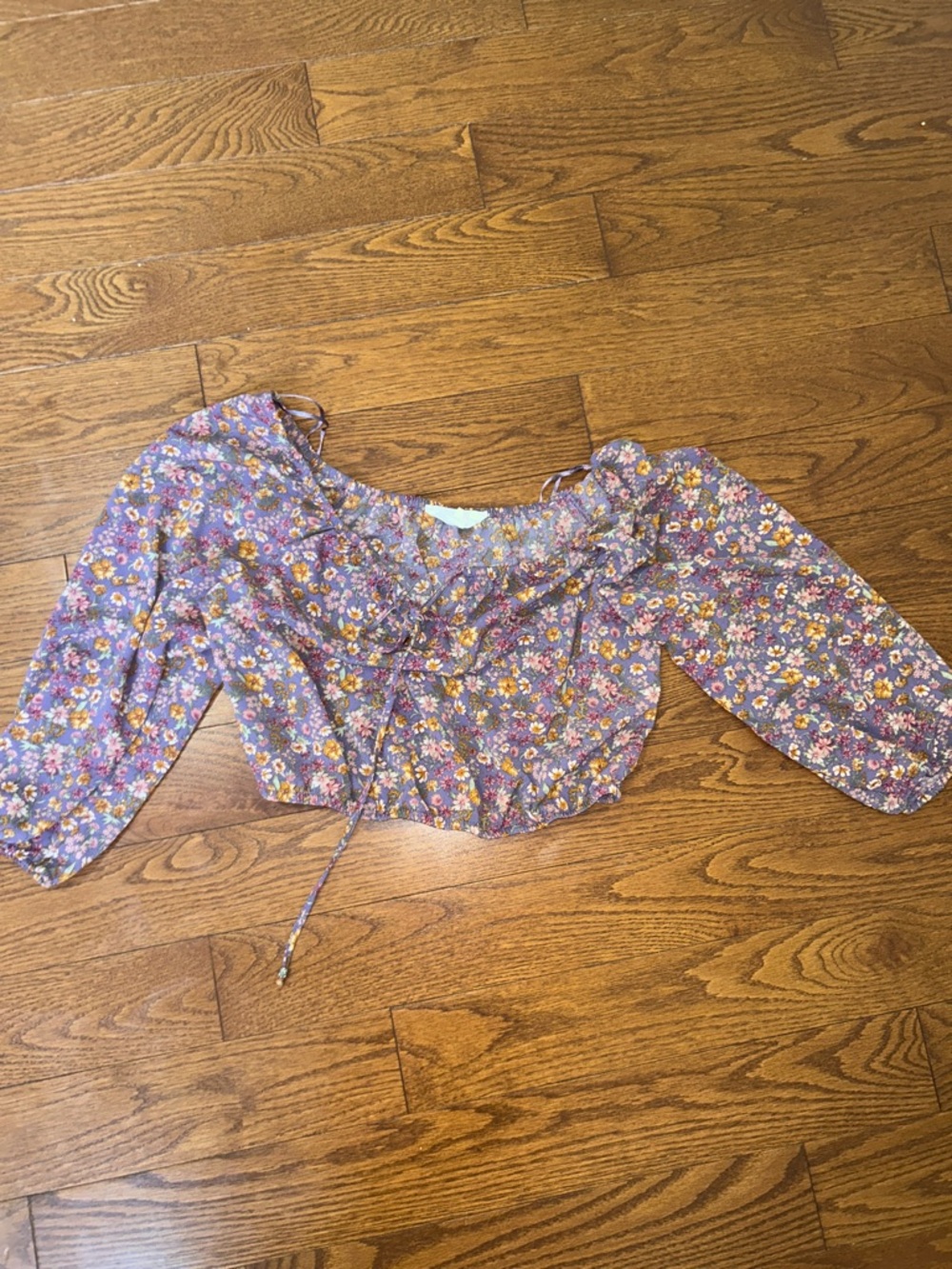 Pink Rose Lavender Floral Puff-Sleeve Crop Top